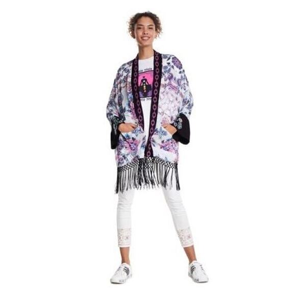 DESIGUAL NWT $159 Williamson Fringed Floral Kimono Top Size XS - Picture 1 of 12